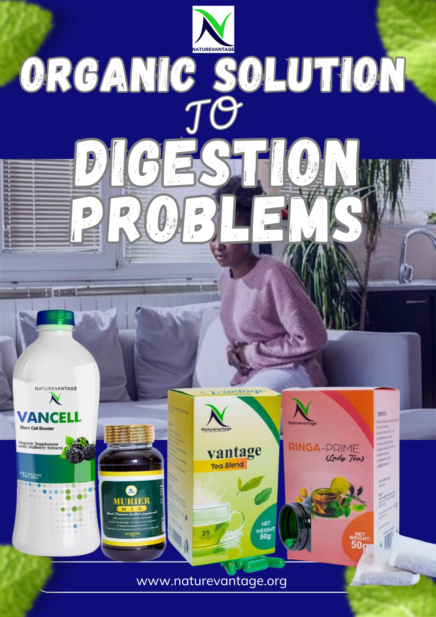 IMAGE OF A LADY WITH STOMACH ACHE AND PRODUCTS FOR DIGESTION PROBLEMS